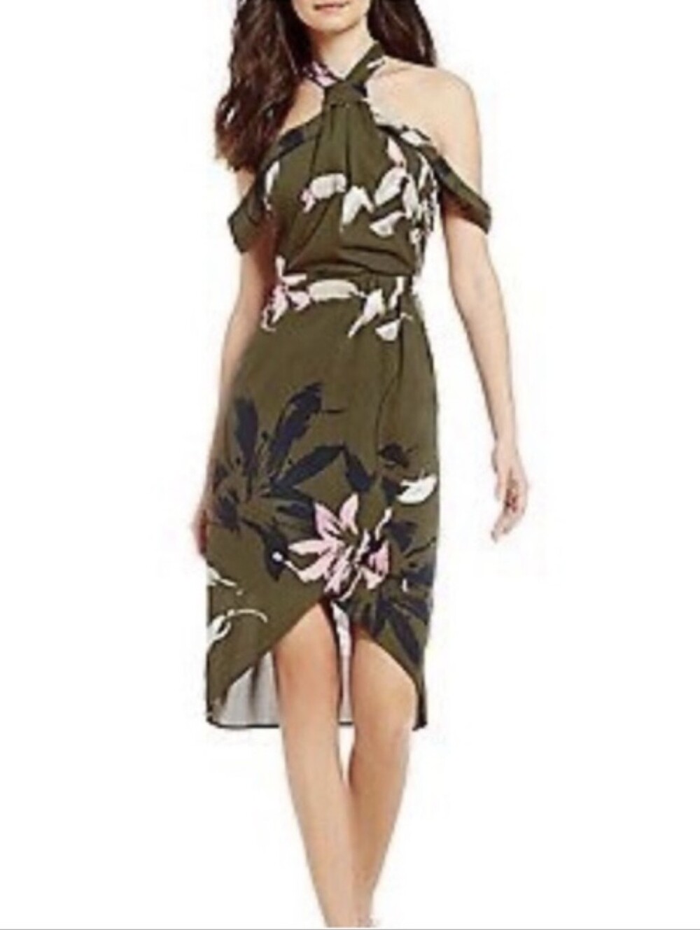 H Halston Womens Dress Drape Shoulder Strappy Tulip Wrap Hem Floral Plus Size 14